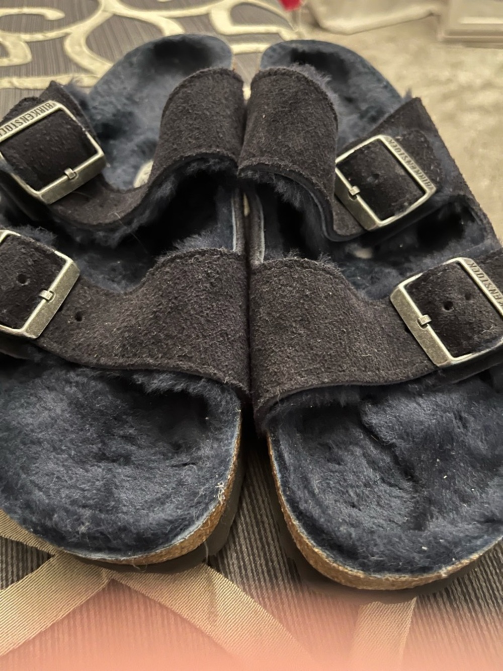Birkenstock’s Size 11 Fuzzy Double-Strap Slide Sandals Navy Blue NWOT